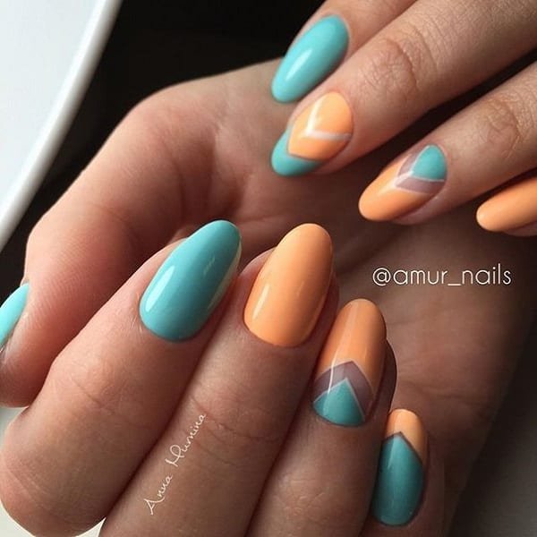 Blue and Orange Negative Space Nail Art Design