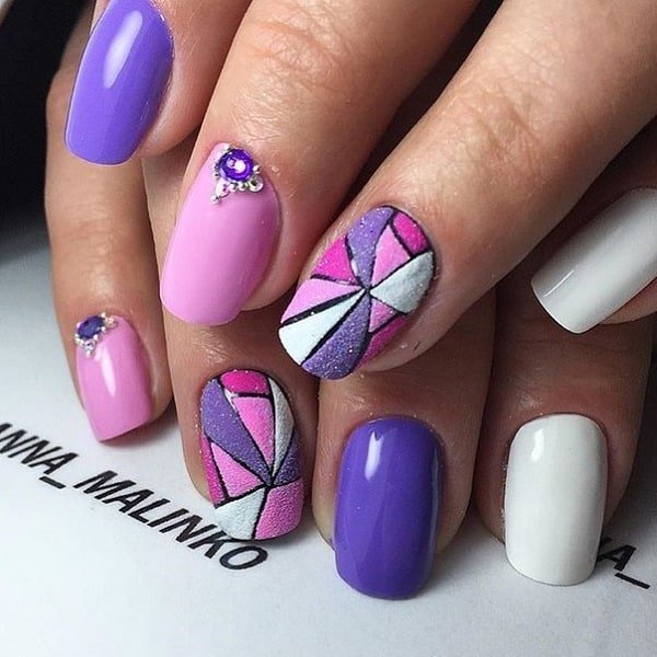 Glittered Purple Hued Geo Nail Art