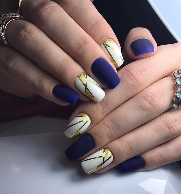 White and Gold Geometric Nail Art